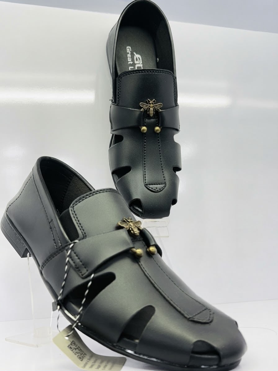 Men's Black Premium Leather Sandals | Stylish Casual Loafers