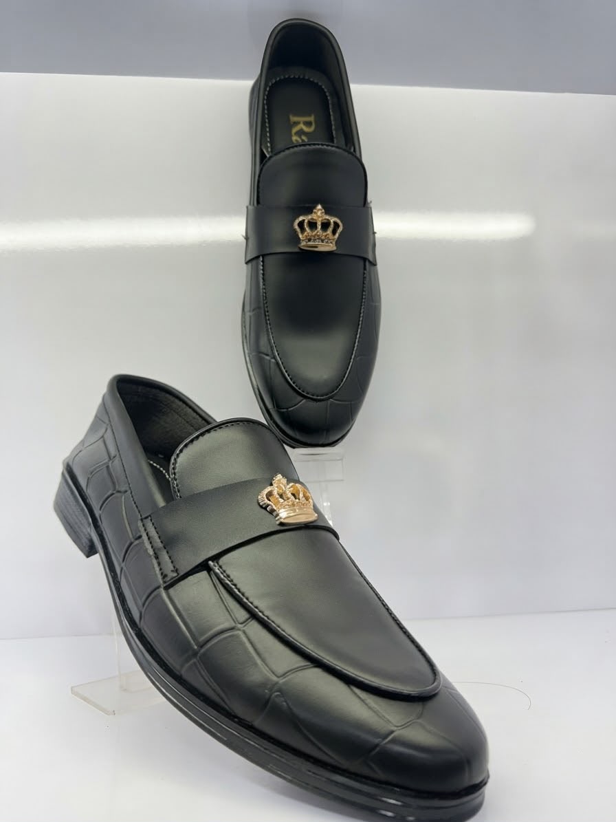 Men's Black Crown Design Loafers | Premium Formal Slip-On Shoes