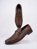 Premium Tan Brown Woven Pattern Metal Buckle Loafers for Men
