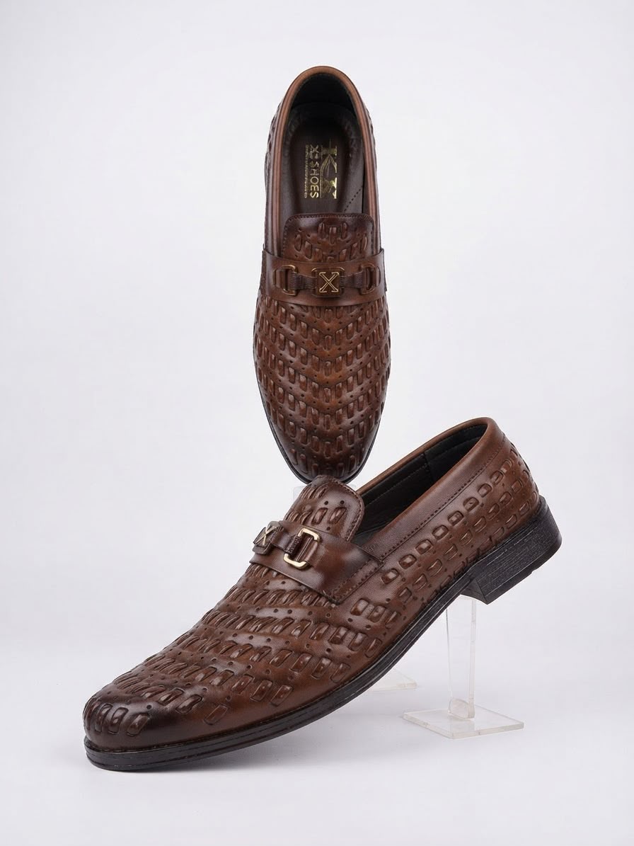 Premium Tan Brown Woven Pattern Metal Buckle Loafers for Men