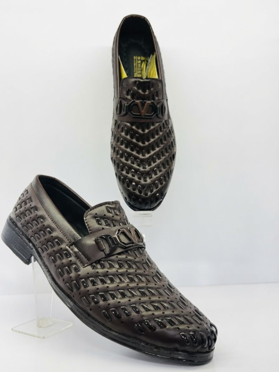 Premium Dark Brown Woven Pattern Bee Accent Loafers for Men