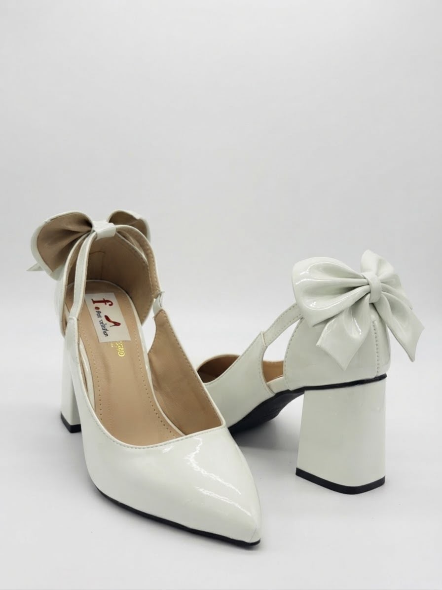 Elegant White Bow Accent Block Heel Pumps for Women