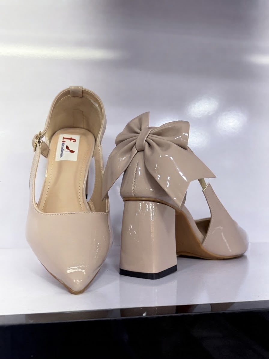 Elegant Nude Back Bow Block Heel Pumps for Women