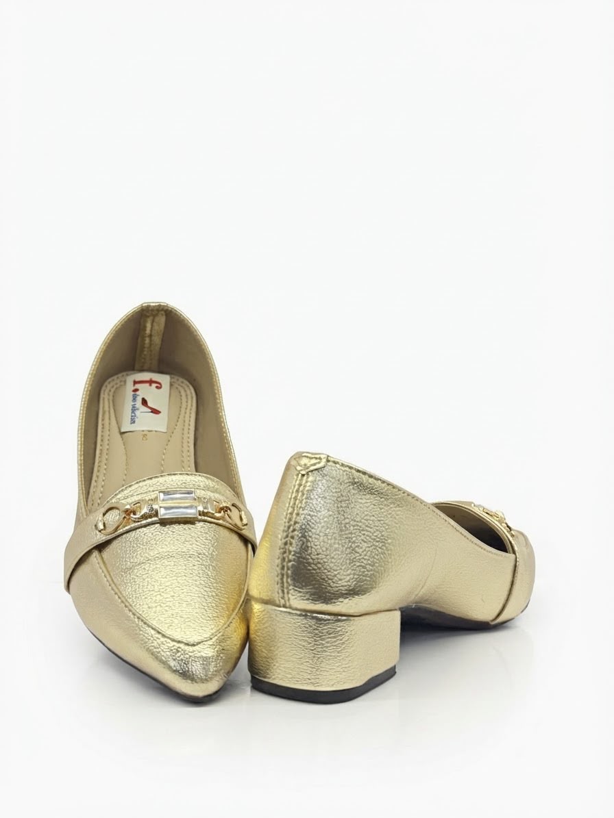 Elegant Golden Metallic Buckle Block Heel Pumps for Women