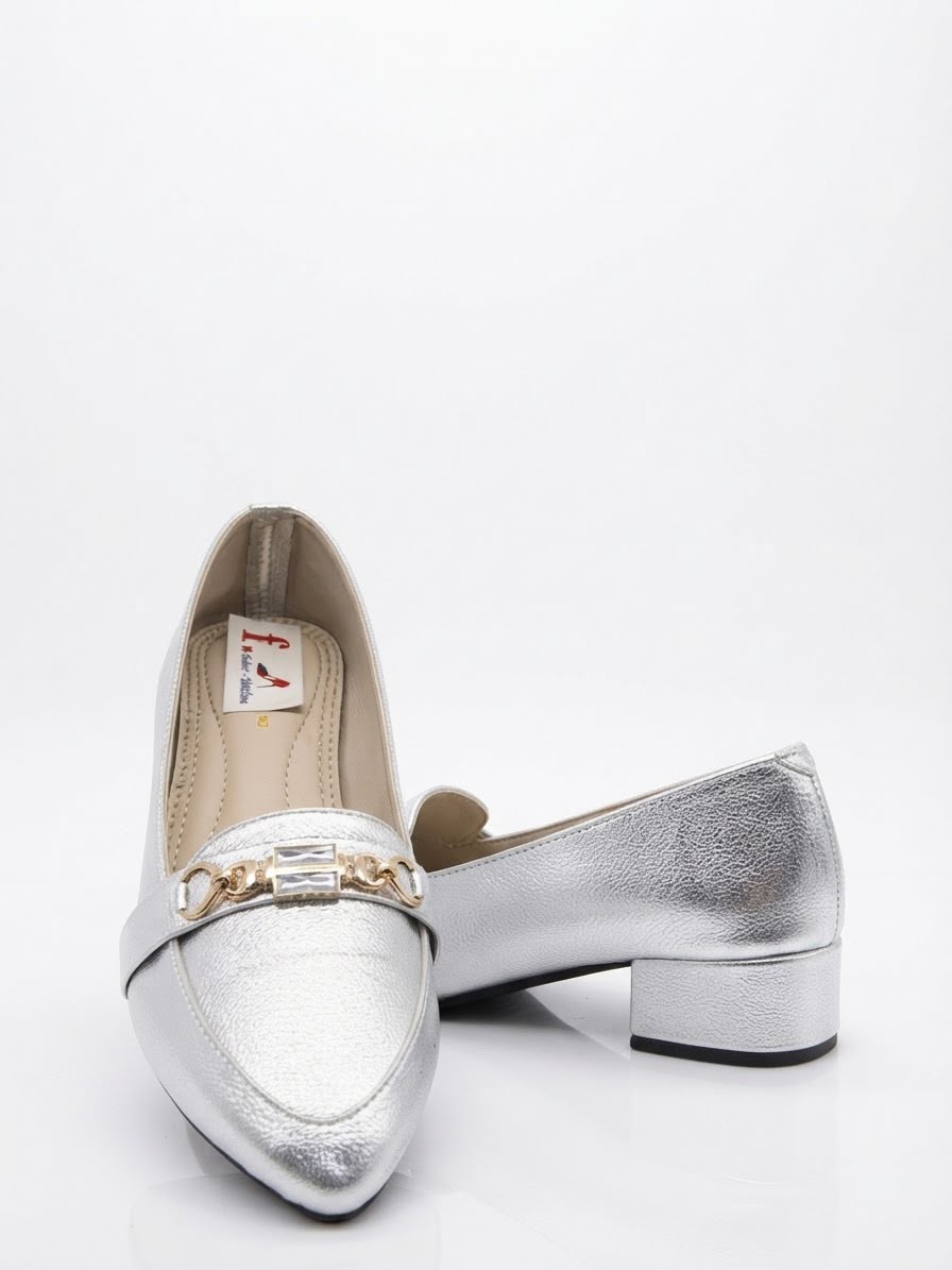 Elegant Silver Metallic Buckle Block Heel Pumps for Women