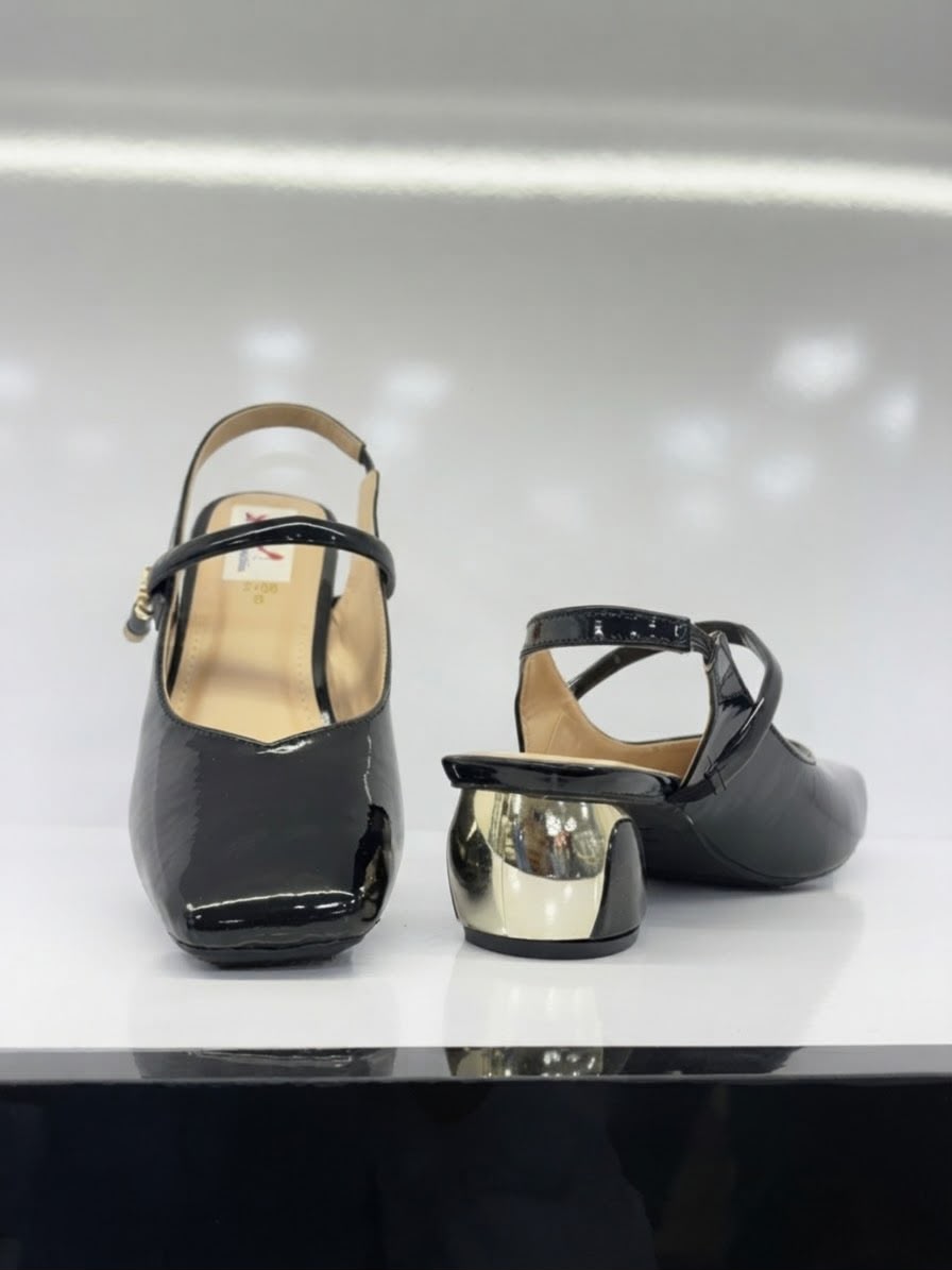 Elegant Black Glossy Gold-Heel Pumps for Women