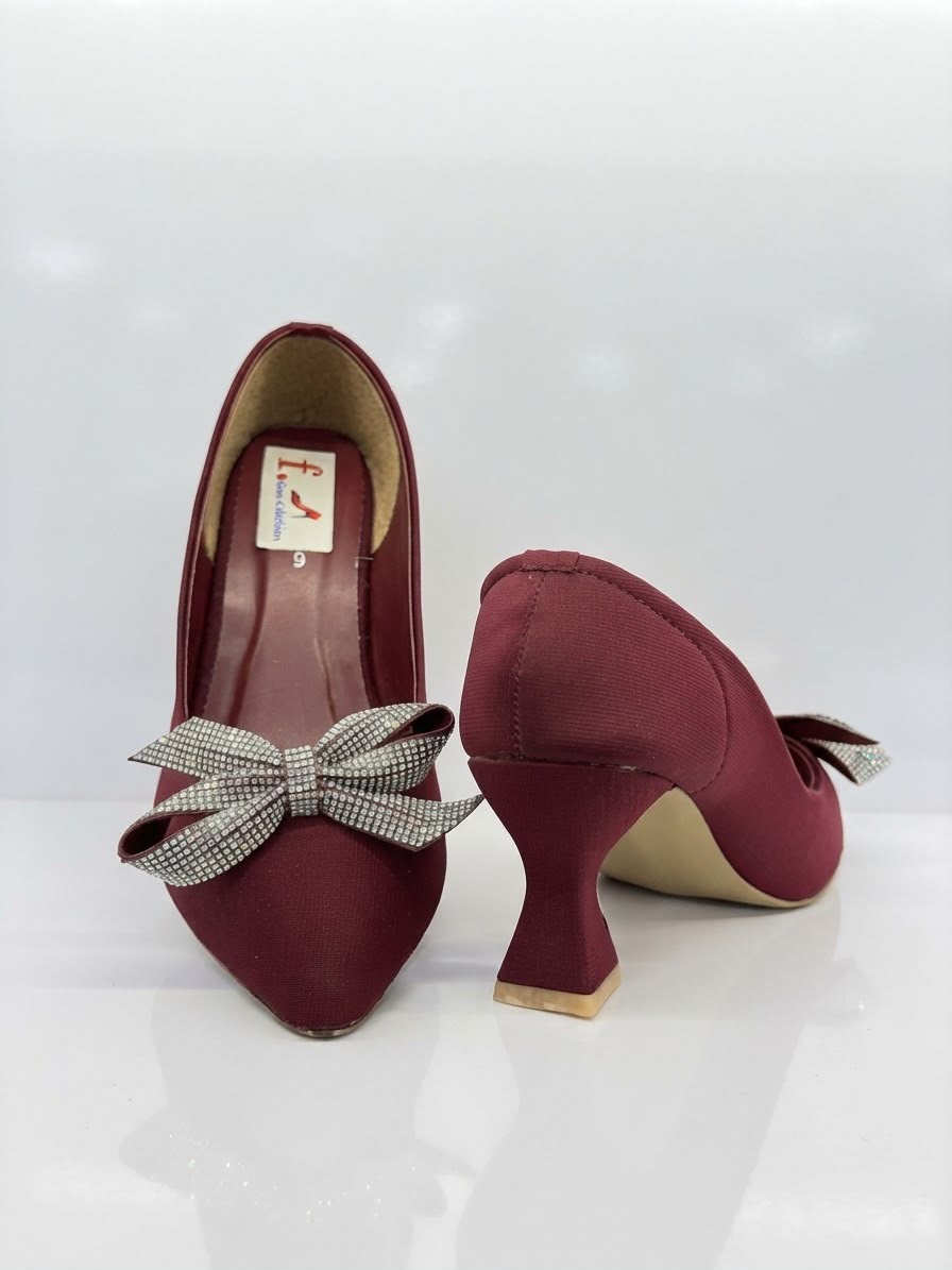 Elegant Maroon Rhinestone Bow Flared Heel Pumps for Women