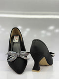 Elegant Black Rhinestone Bow Flared Heel Pumps for Women