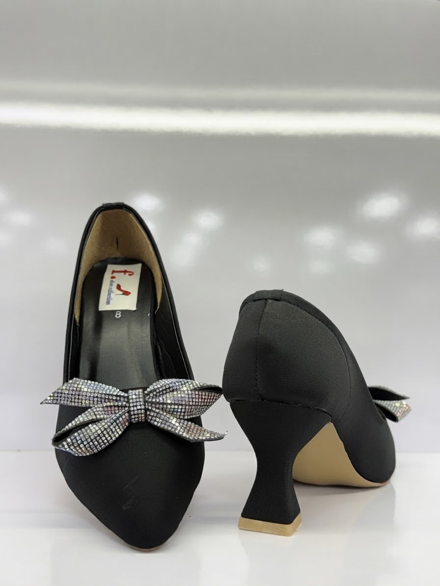 Elegant Black Rhinestone Bow Flared Heel Pumps for Women